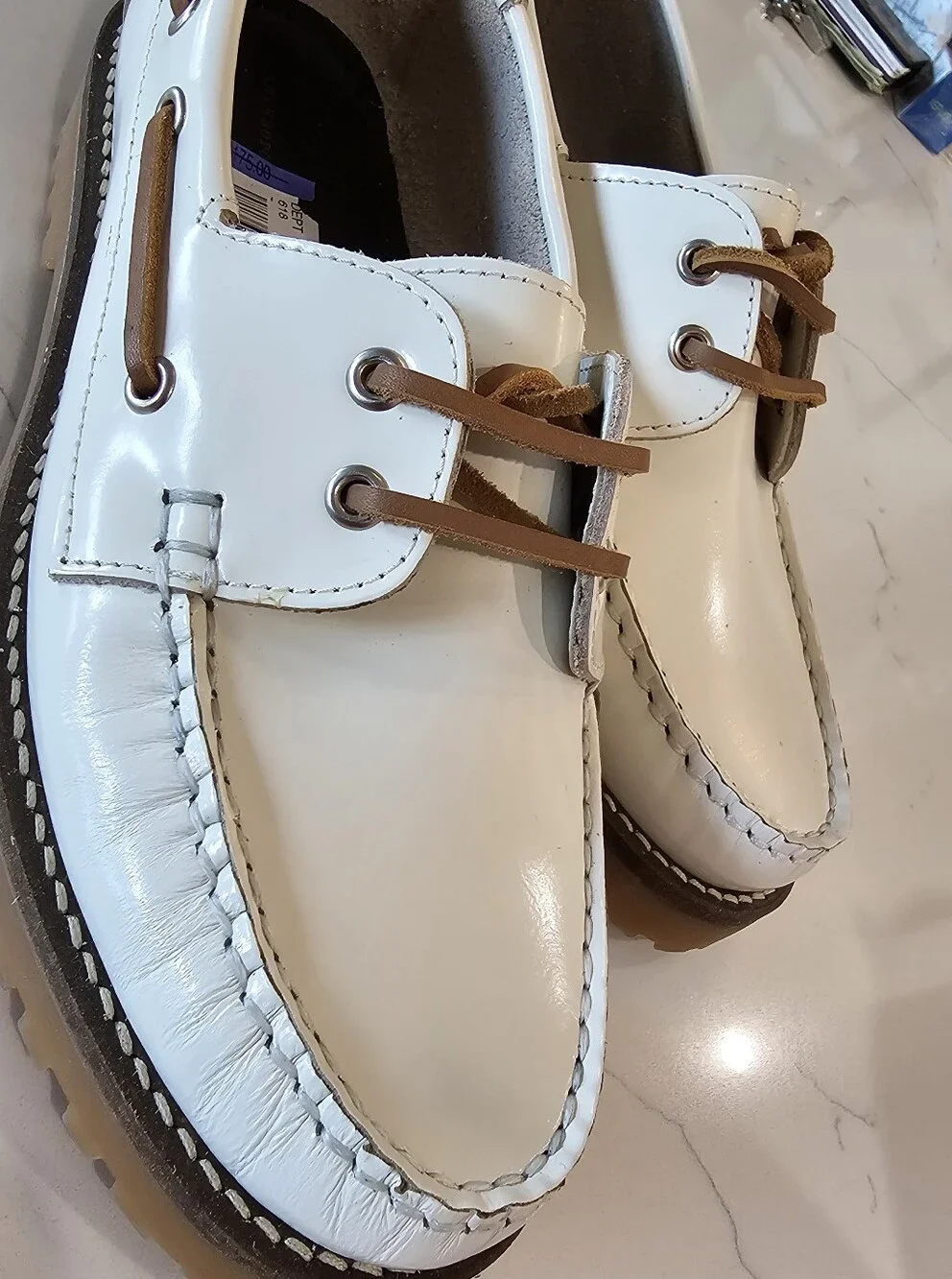 Anthropologie White Leather Boat Shoes w/Brown Trim Women's Size 8.5 NWOB